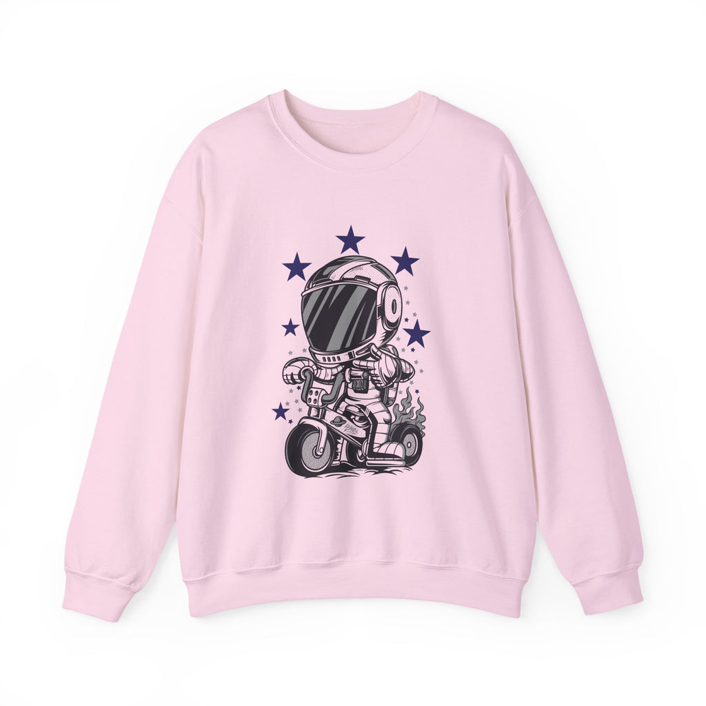 Astronaut Riding Scooter Crewneck Sweatshirt Retro Space Biker Graphic