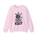 Astronaut Riding Scooter Crewneck Sweatshirt Retro Space Biker Graphic