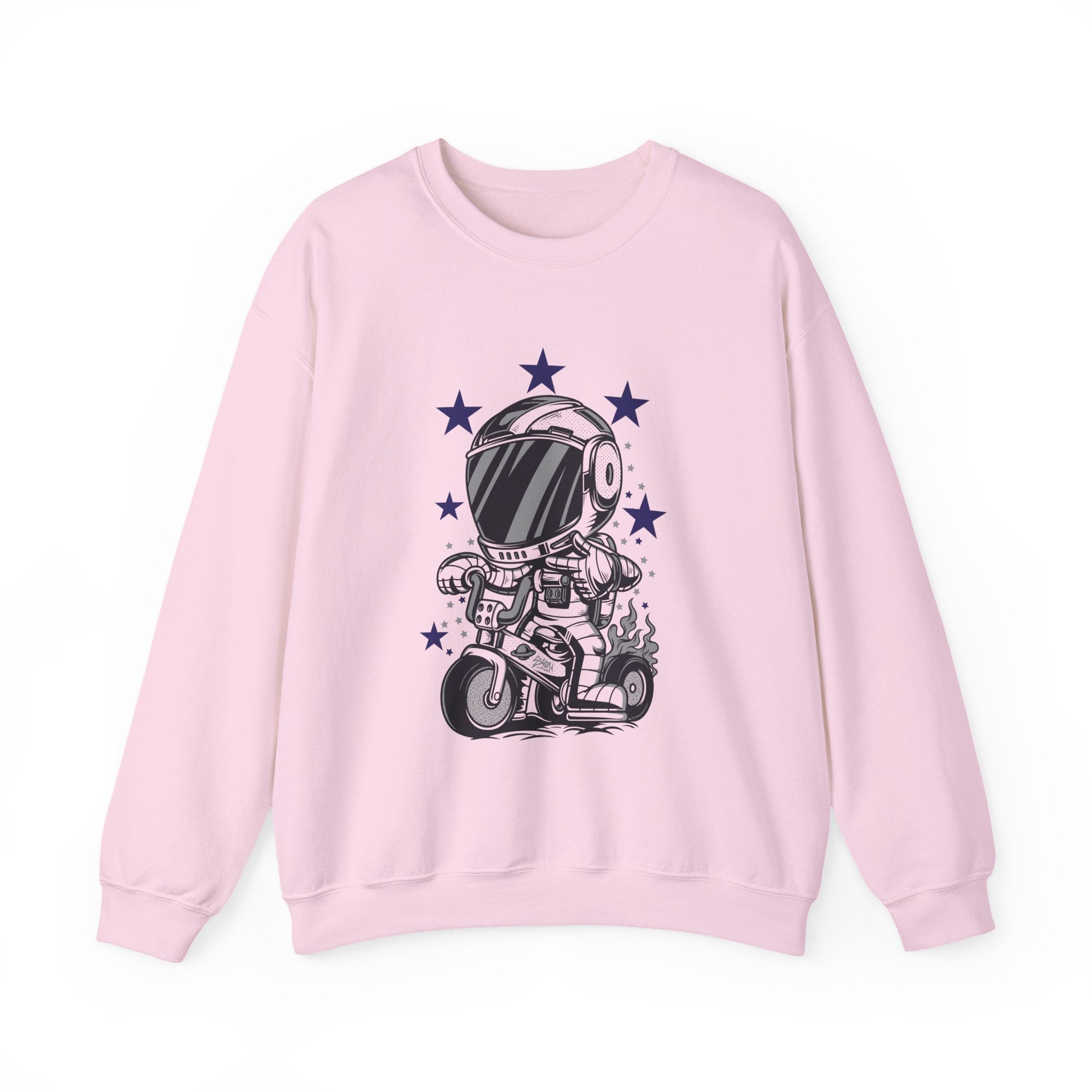 Astronaut Riding Scooter Crewneck Sweatshirt Retro Space Biker Graphic