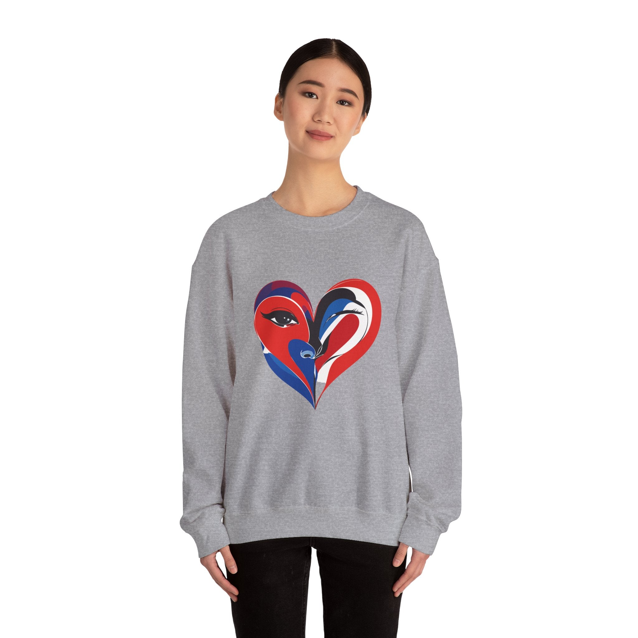Heart Face Crewneck Sweatshirt Abstract Red & Blue Love Graphic