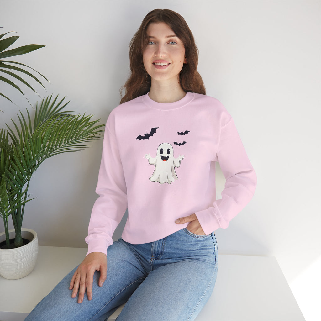 Halloween Ghost Crewneck Sweatshirt Cute Boo Ghost & Bats Cozy Pullover