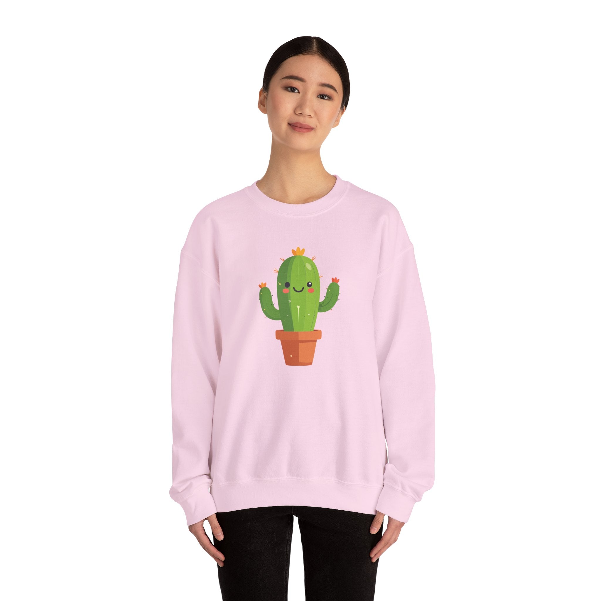 Cute Kawaii Cactus Crewneck Sweatshirt Smiling Potted Cactus Graphic