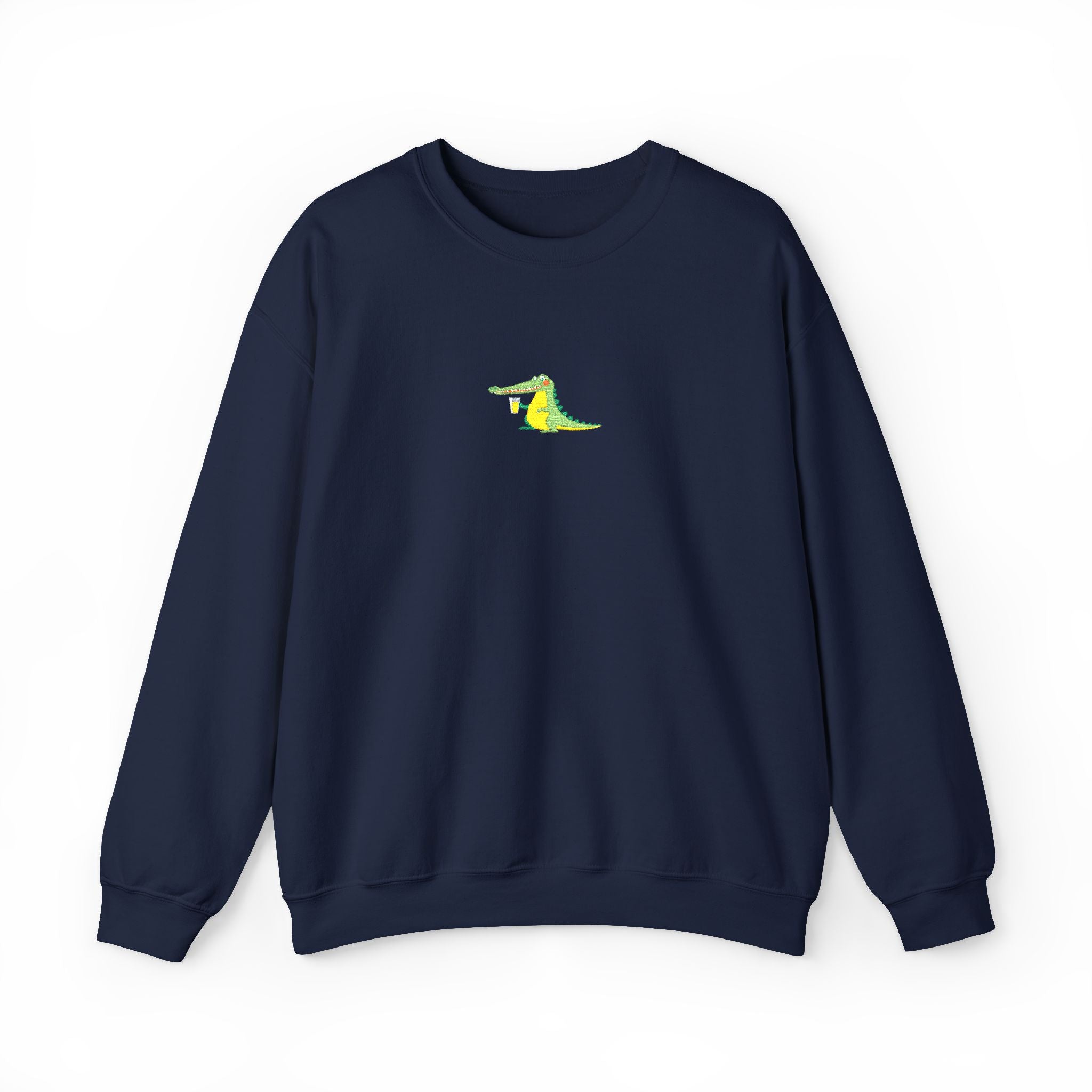 Navy blue sweatshirt with white graphic and text on a white background