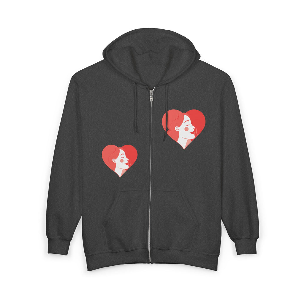 Heart Portrait Zip Hoodie — Retro Woman Profile Valentine Sweatshirt