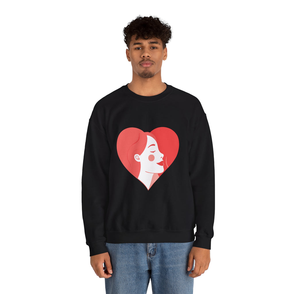 Heart Profile Crewneck Sweatshirt — Minimal Red Heart Portrait Graphic, Women face in Heart