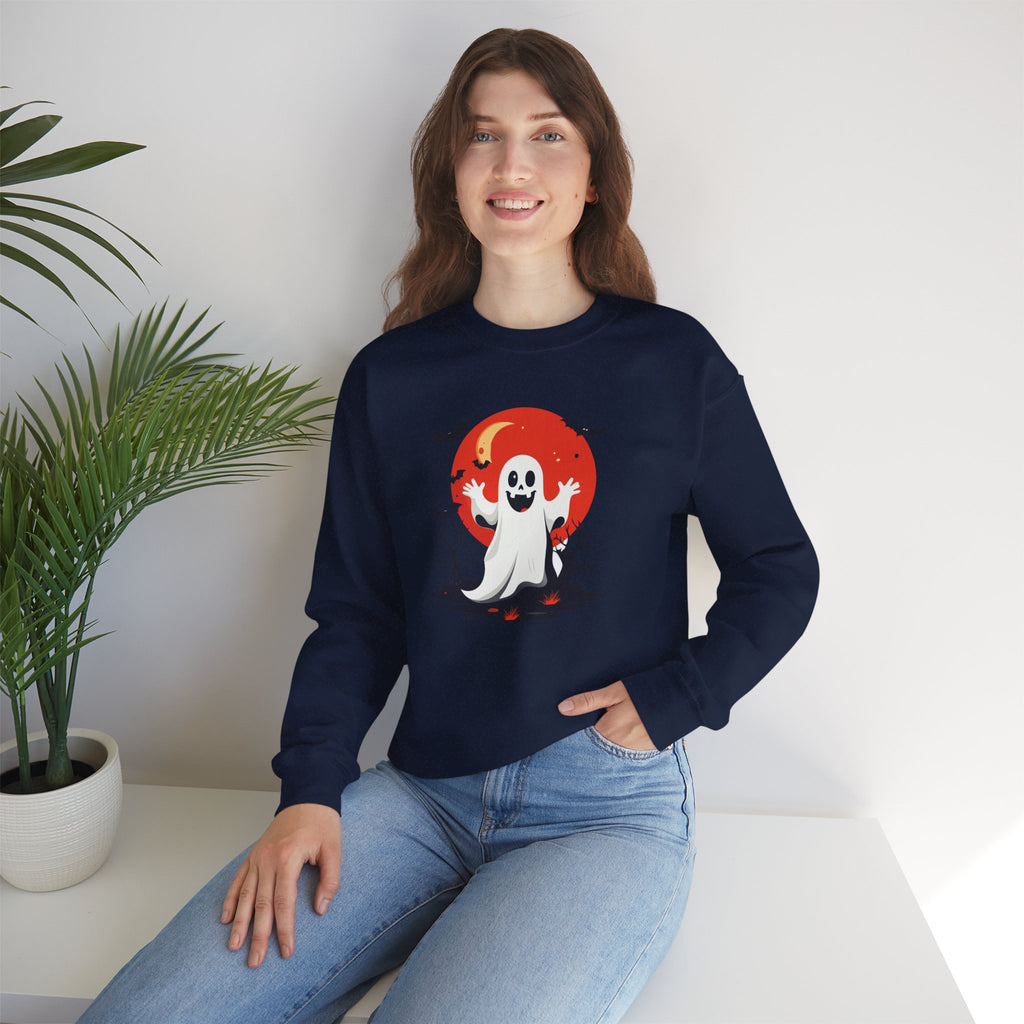 Crewneck Sweatshirt - Cute Ghost & Red Moon Halloween Design