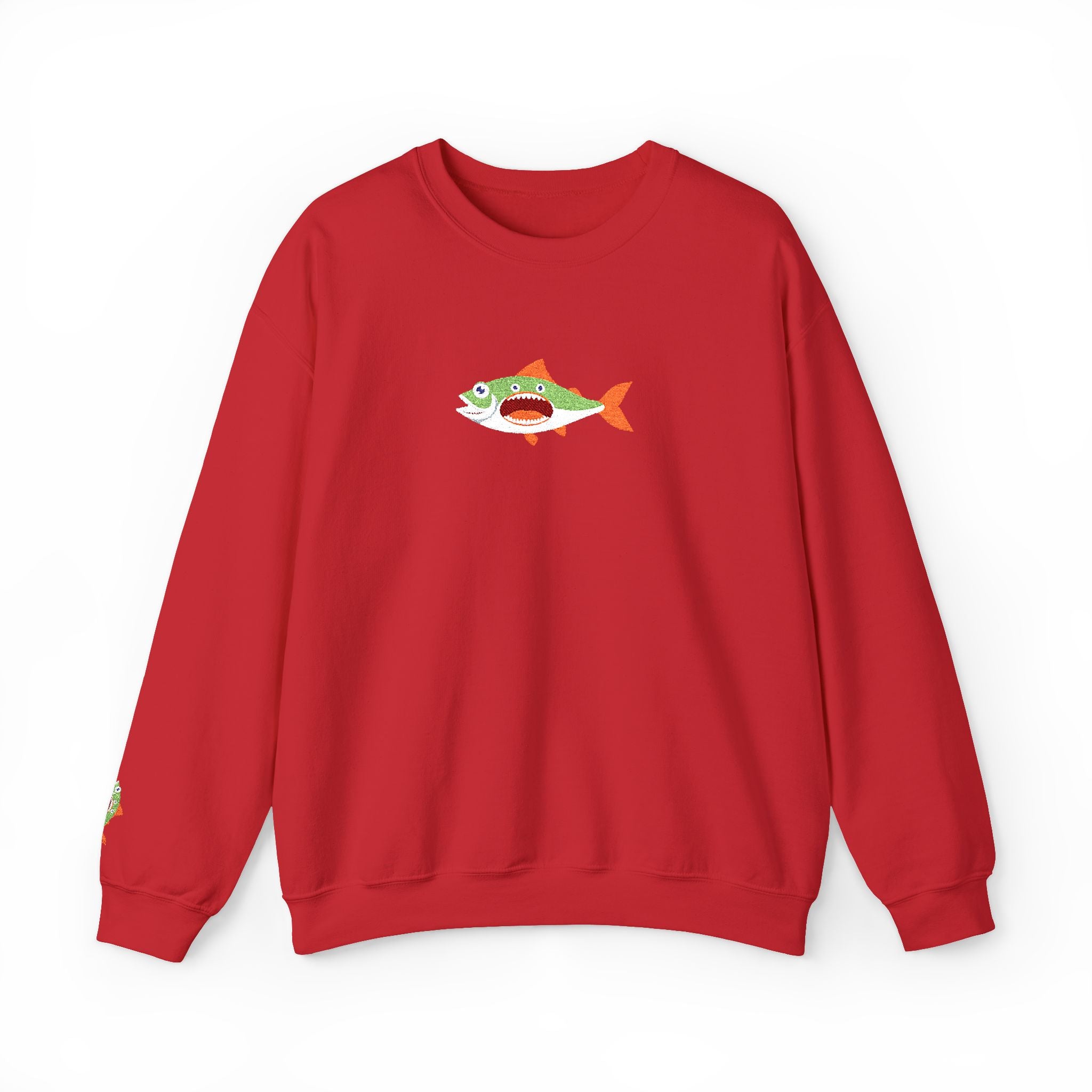 Red sweatshirt with a fish graphic on a white background