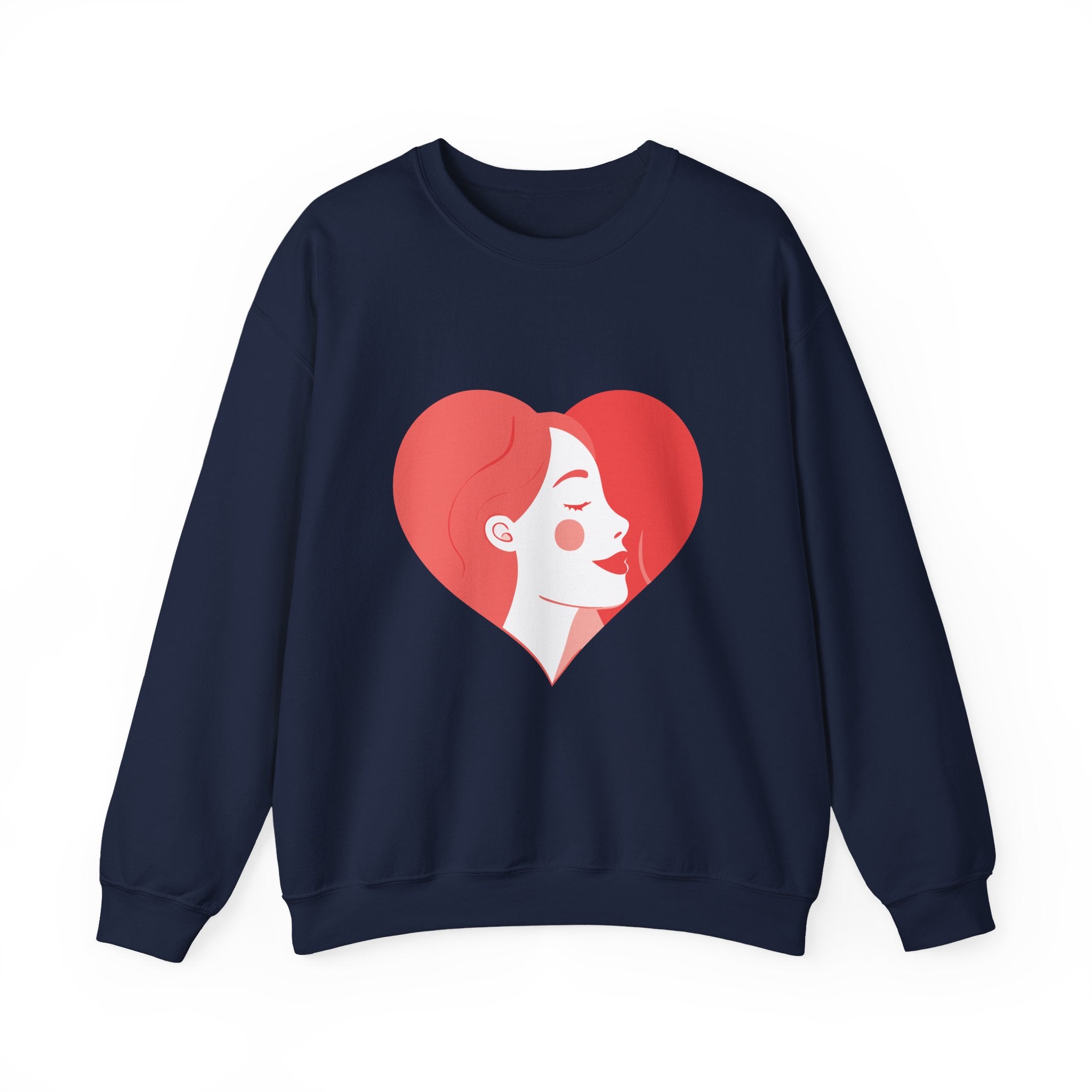 Heart Profile Crewneck Sweatshirt — Minimal Red Heart Portrait Graphic, Women face in Heart