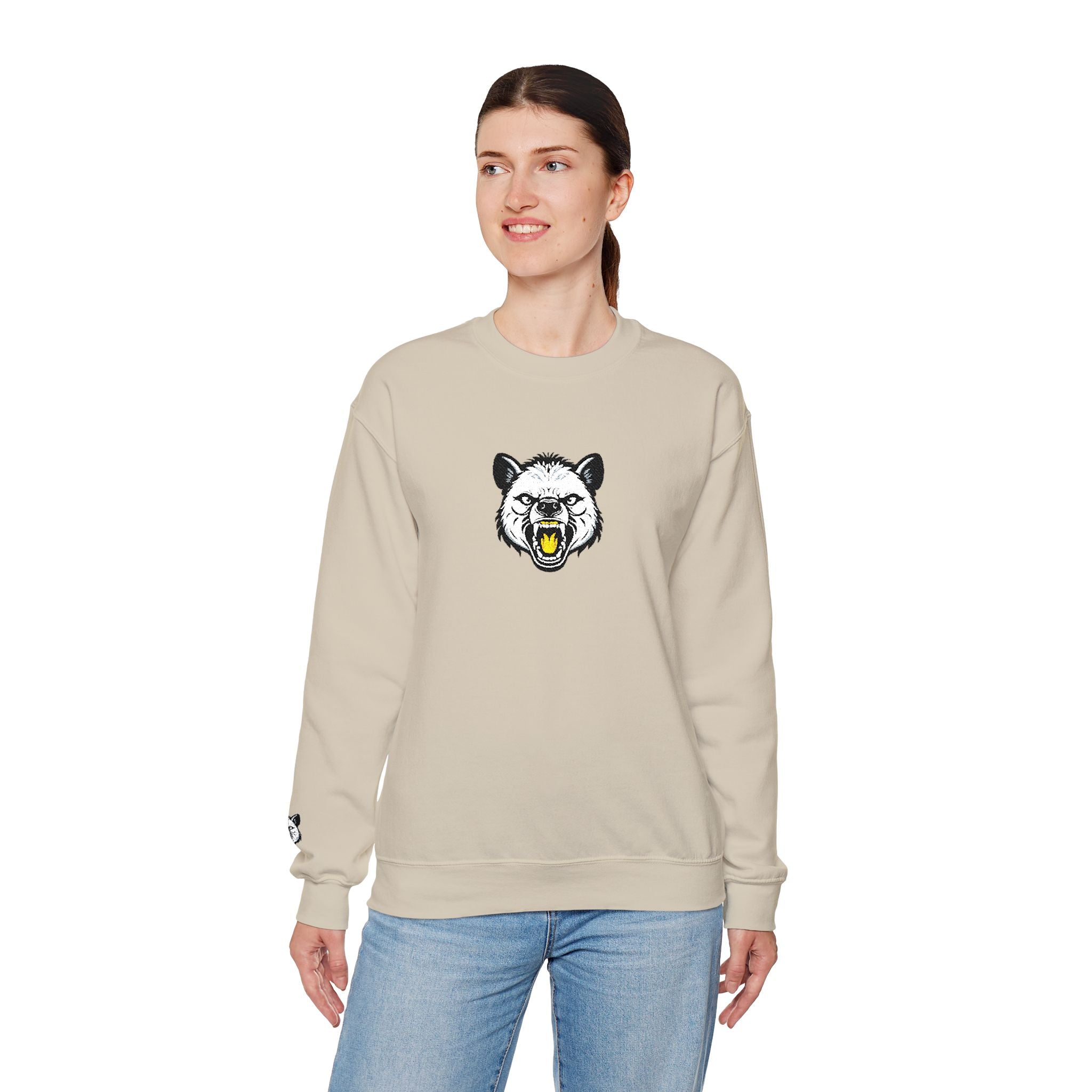 Roaring Hyena Face Graphic Embroidered Crewneck Sweatshirt