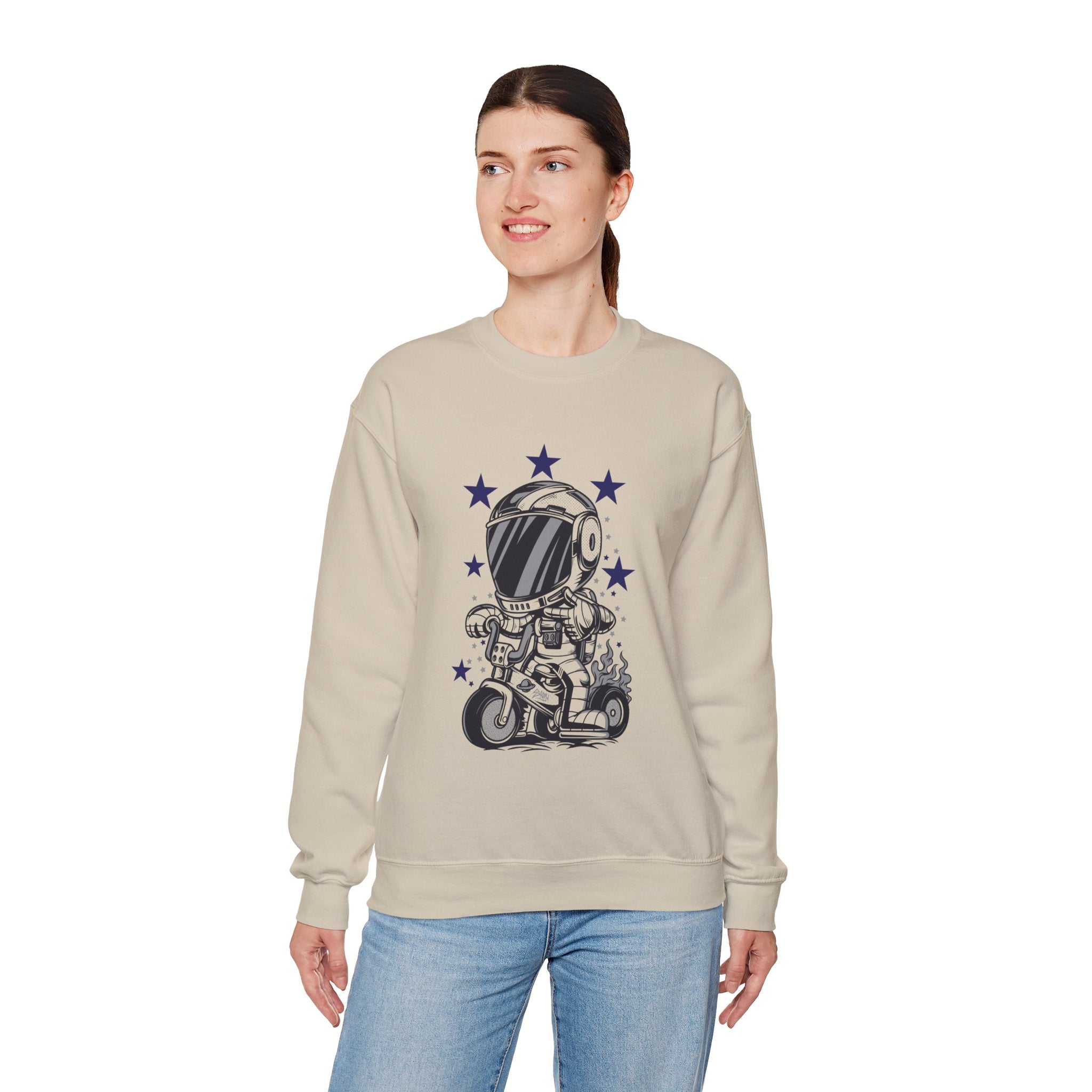 Astronaut Riding Scooter Crewneck Sweatshirt Retro Space Biker Graphic