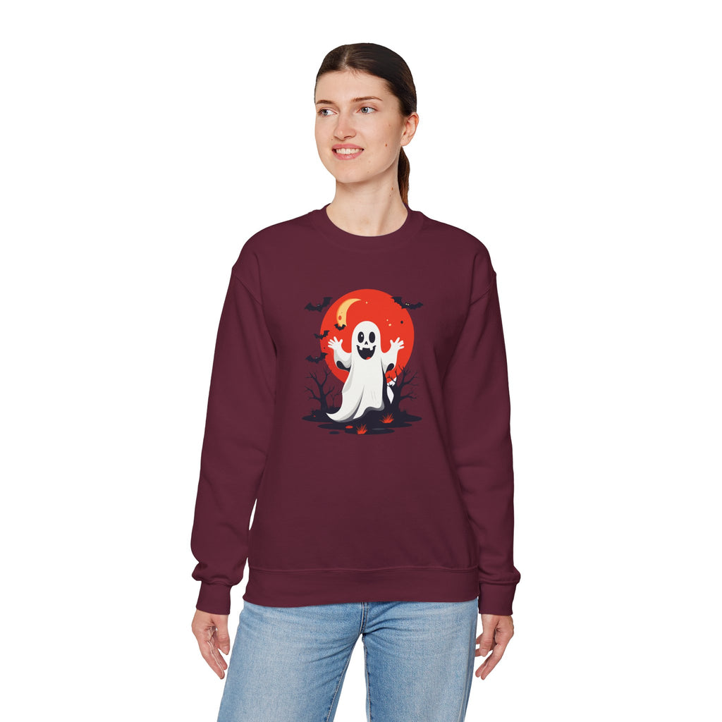 Crewneck Sweatshirt - Cute Ghost & Red Moon Halloween Design