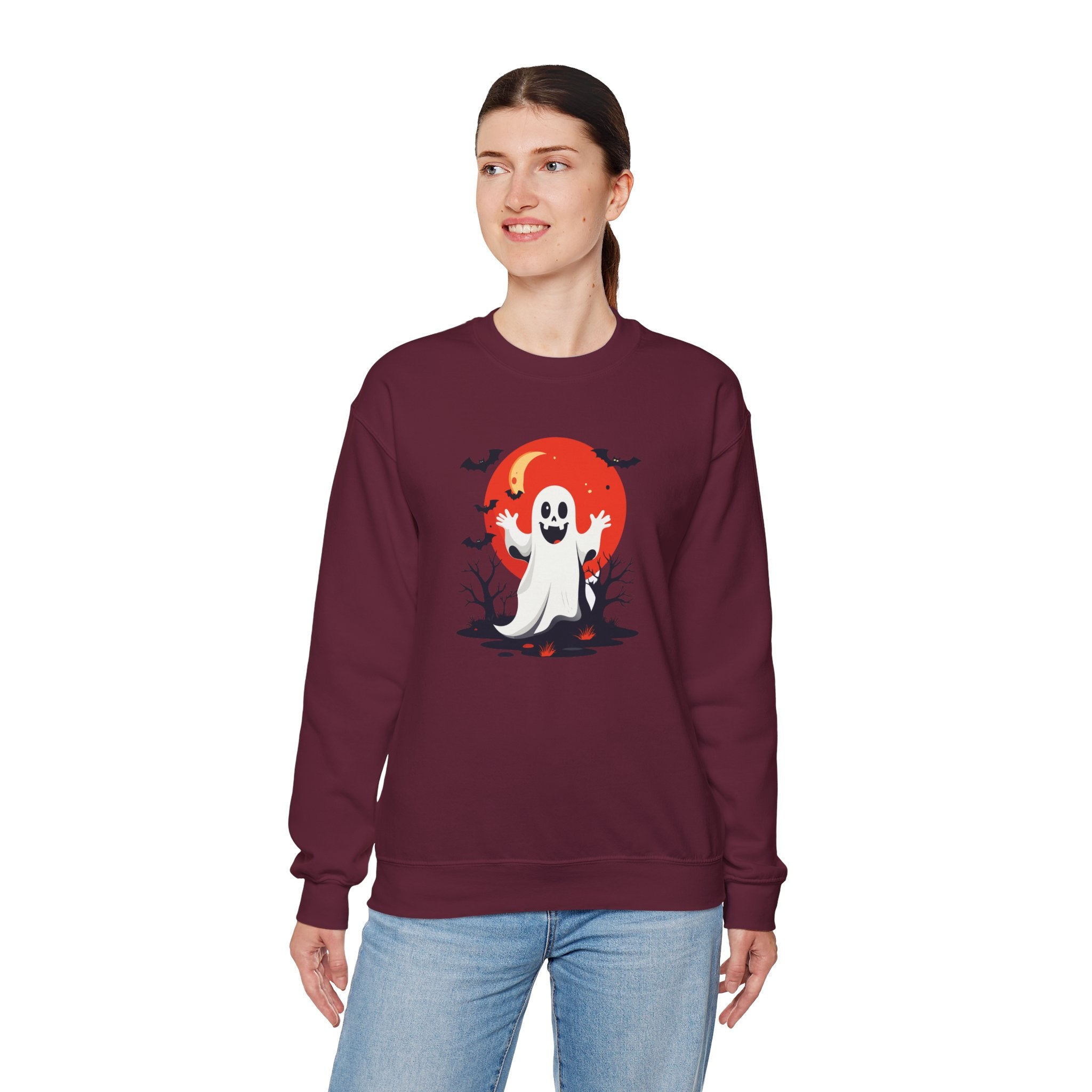 Crewneck Sweatshirt - Cute Ghost & Red Moon Halloween Design