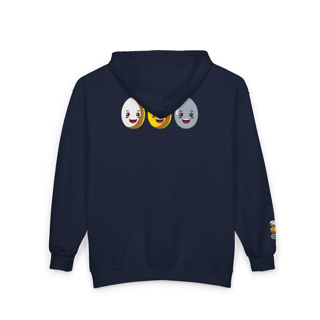 Embroidered Egg Trio Graphic Hoodie Cute Smiling Eggs Zip-Up
