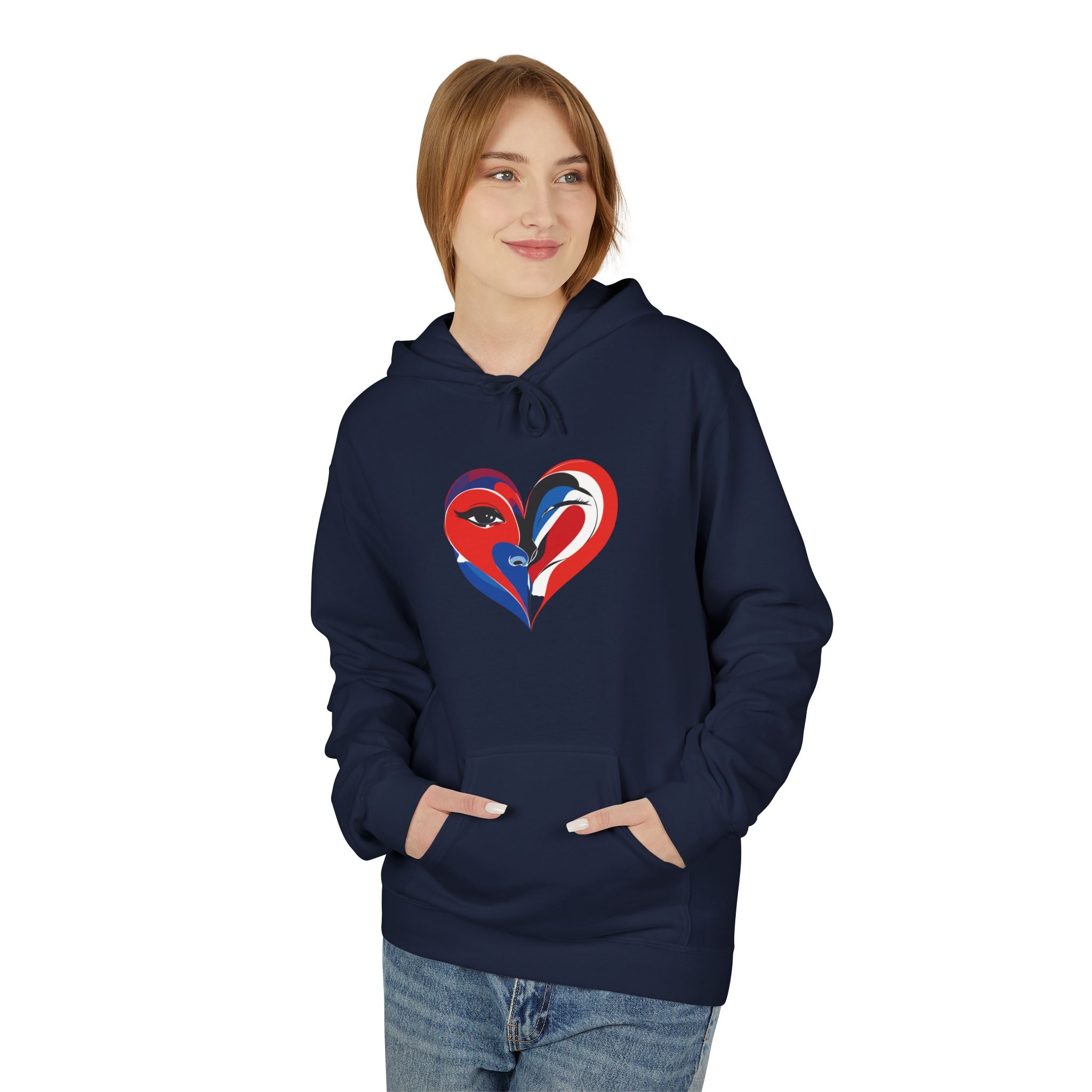 Patriotic Heart Face Hoodie Red White Blue Love Graphic
