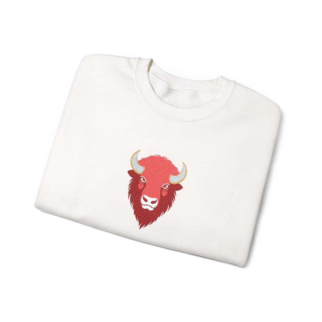 White sweatshirt with a red bull logo on a white background