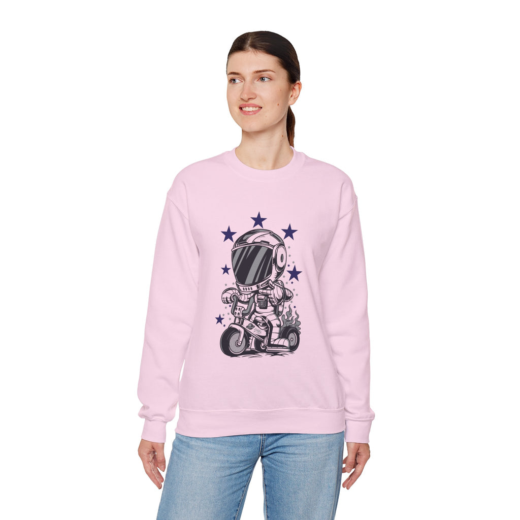 Astronaut Riding Scooter Crewneck Sweatshirt Retro Space Biker Graphic