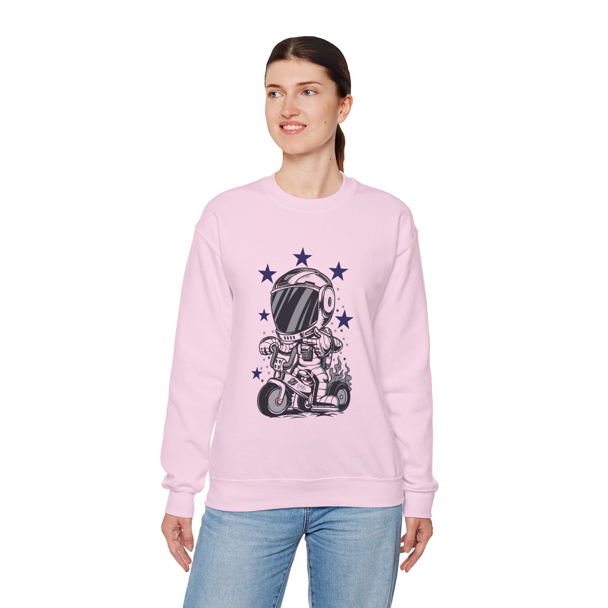 Astronaut Riding Scooter Crewneck Sweatshirt Retro Space Biker Graphic