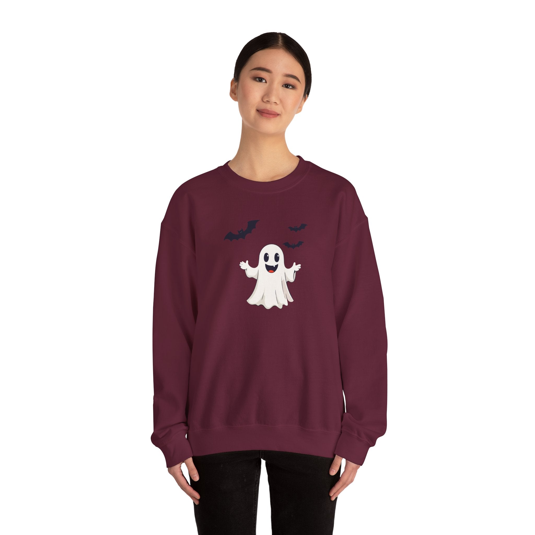 Halloween Ghost Crewneck Sweatshirt Cute Boo Ghost & Bats Cozy Pullover