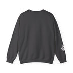 Black sweatshirt with a small white design on the sleeve against a white background