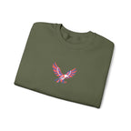 Folded green sweatshirt with a red and blue eagle design on a white background