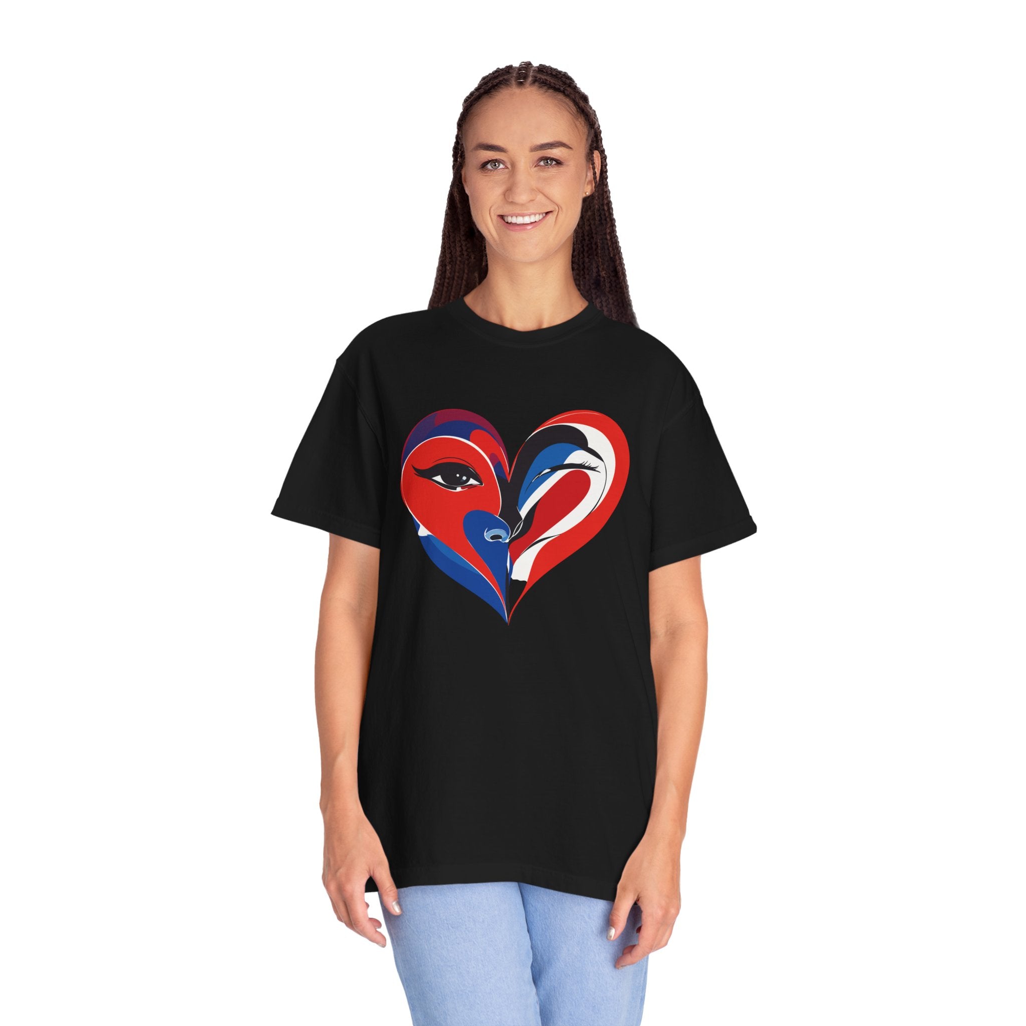 Heart Art Graphic Tee Red & Blue Woman Face Heart Design
