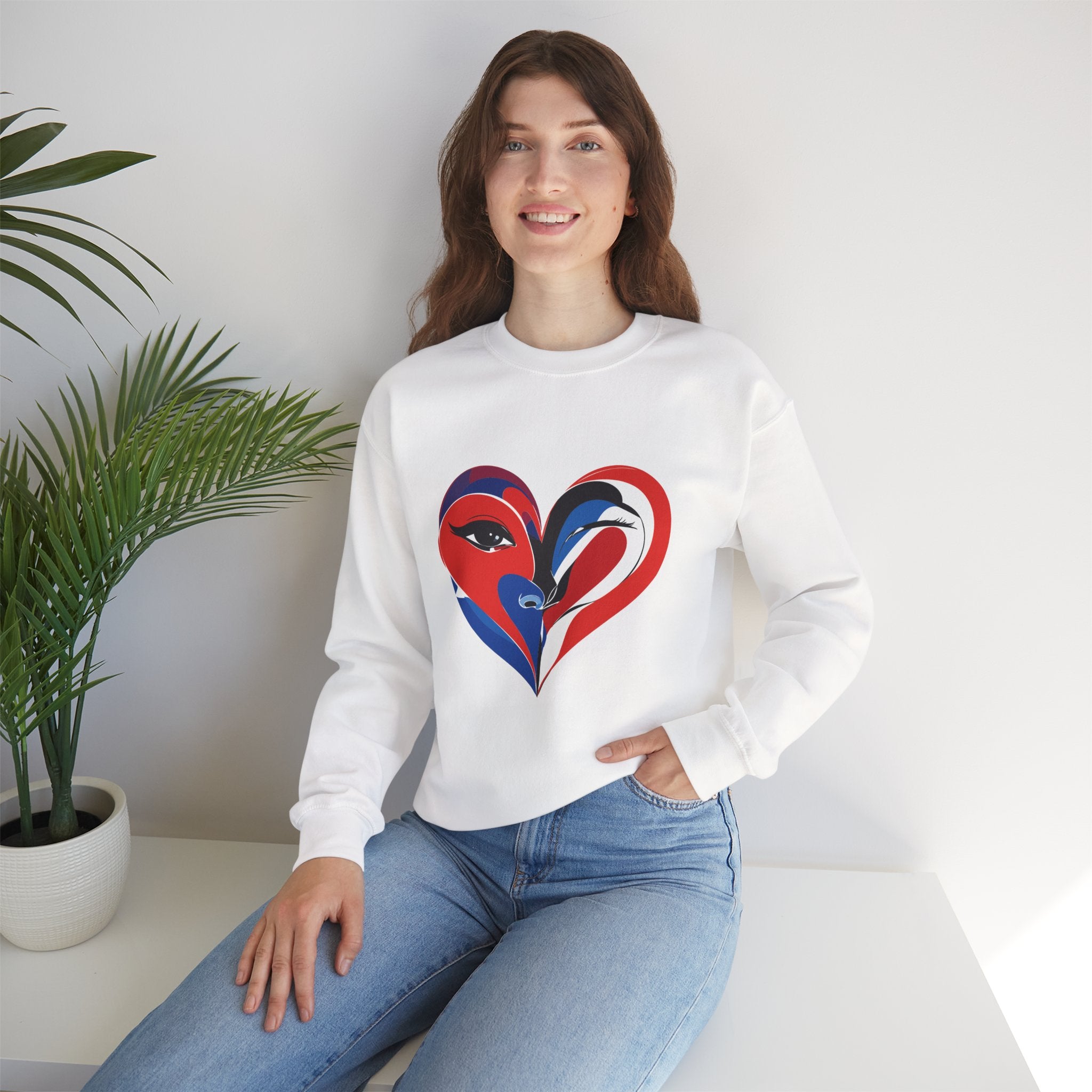 Heart Face Crewneck Sweatshirt Abstract Red & Blue Love Graphic