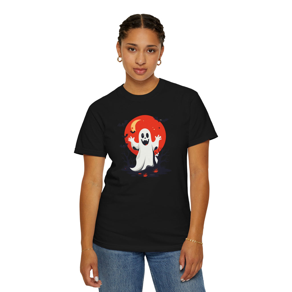 Ghost Halloween T-Shirt Cute Spooky Ghost with Red Moon