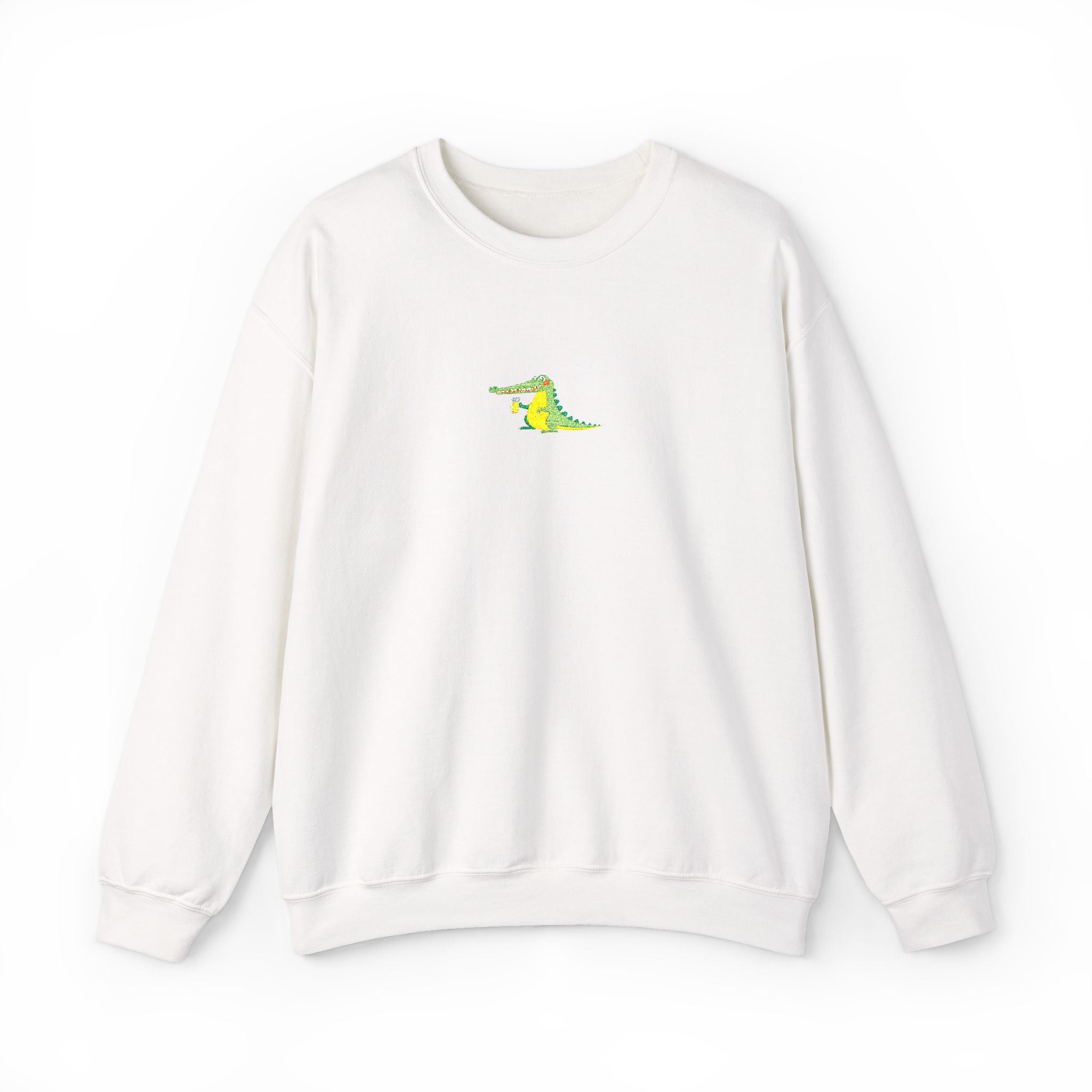 White sweatshirt with a small embroidered design on a white background