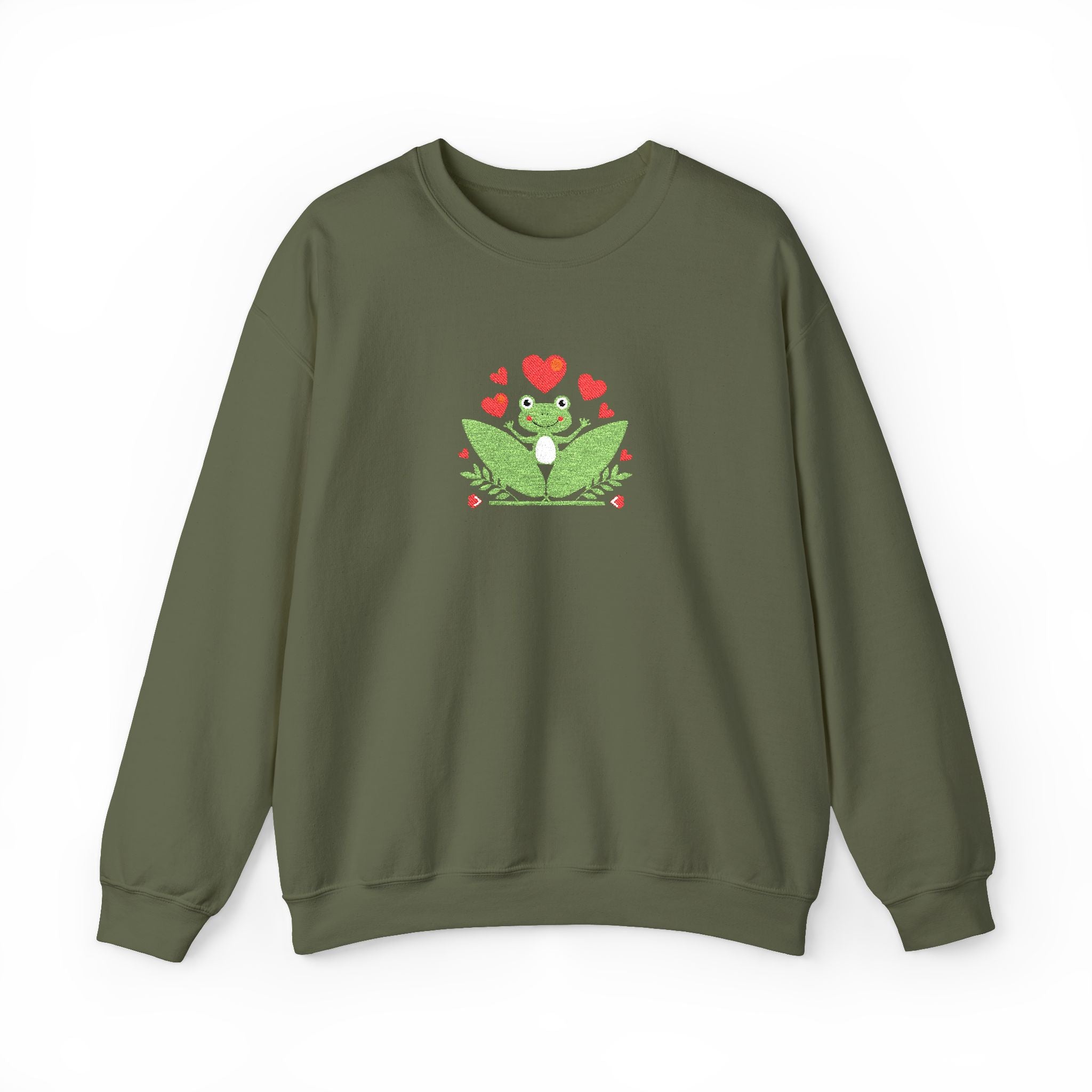 Green sweatshirt with a frog graphic and hearts on a white background
