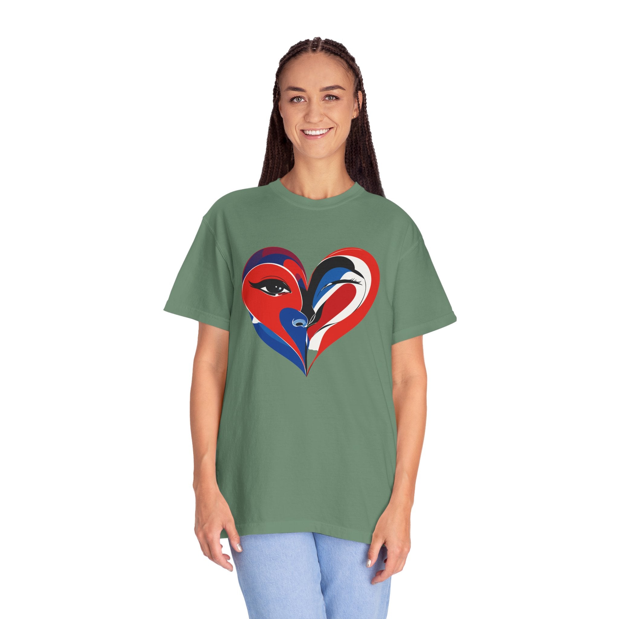 Heart Art Graphic Tee Red & Blue Woman Face Heart Design