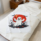 Cute Halloween Ghost Plush Blanket Cozy Velveteen Throw with Bats & Moon
