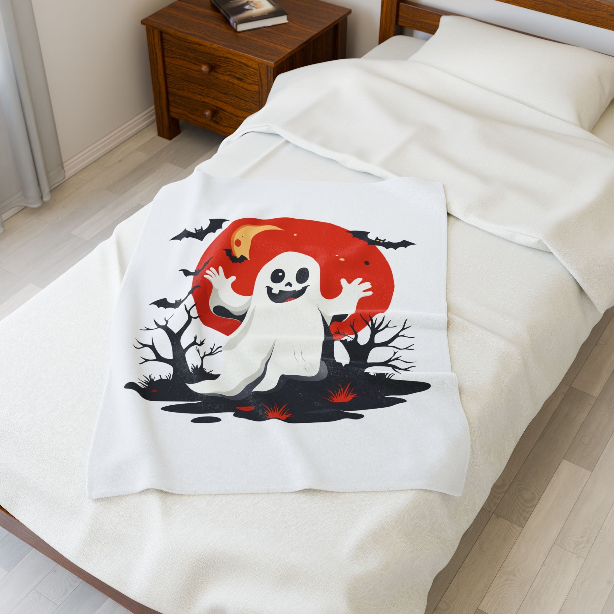 Cute Halloween Ghost Plush Blanket Cozy Velveteen Throw with Bats & Moon