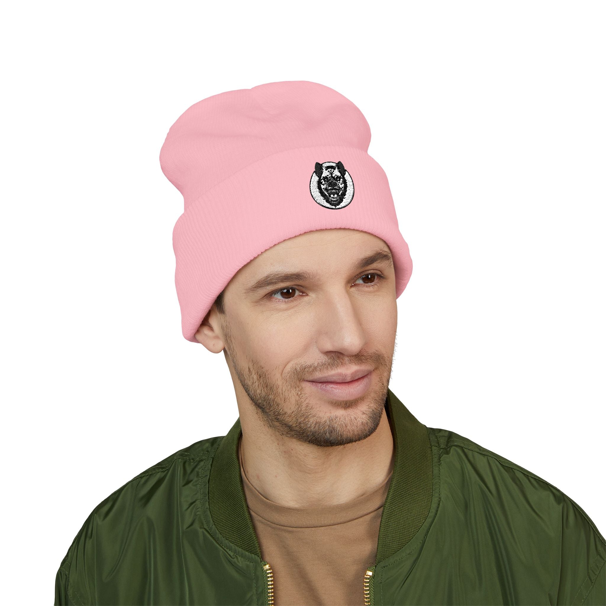 Embroidered Wolf Patch Cuffed Beanie Classic Knit Winter Hat