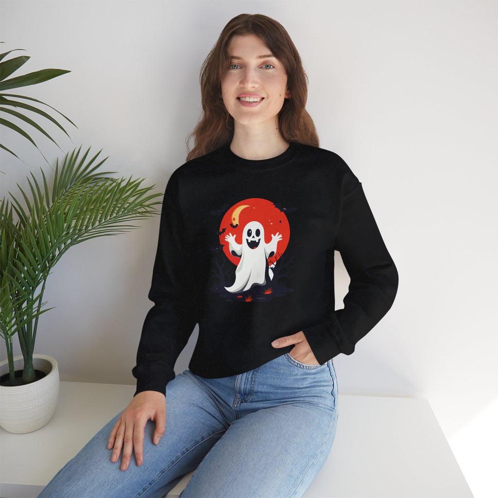 Crewneck Sweatshirt - Cute Ghost & Red Moon Halloween Design