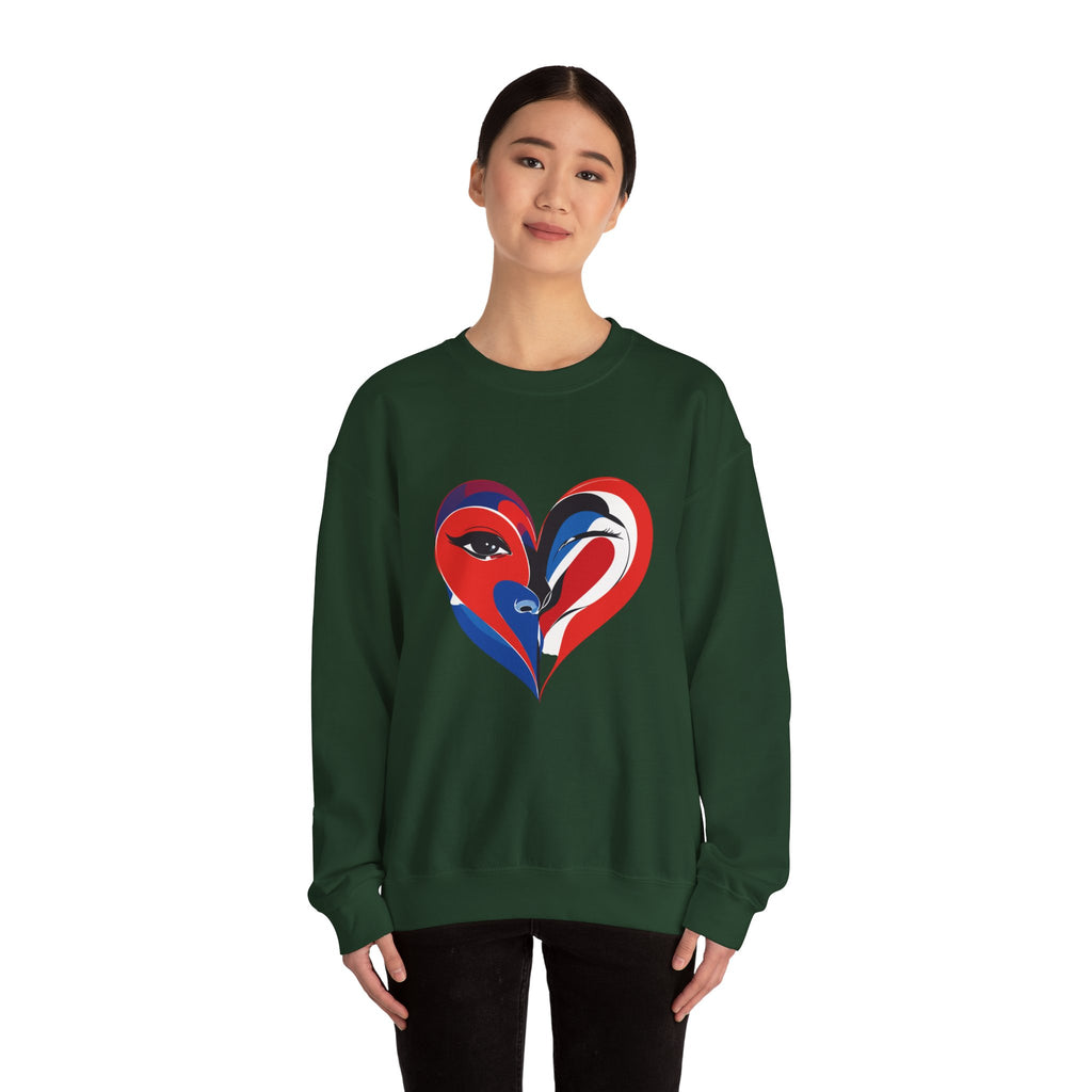 Heart Face Crewneck Sweatshirt Abstract Red & Blue Love Graphic