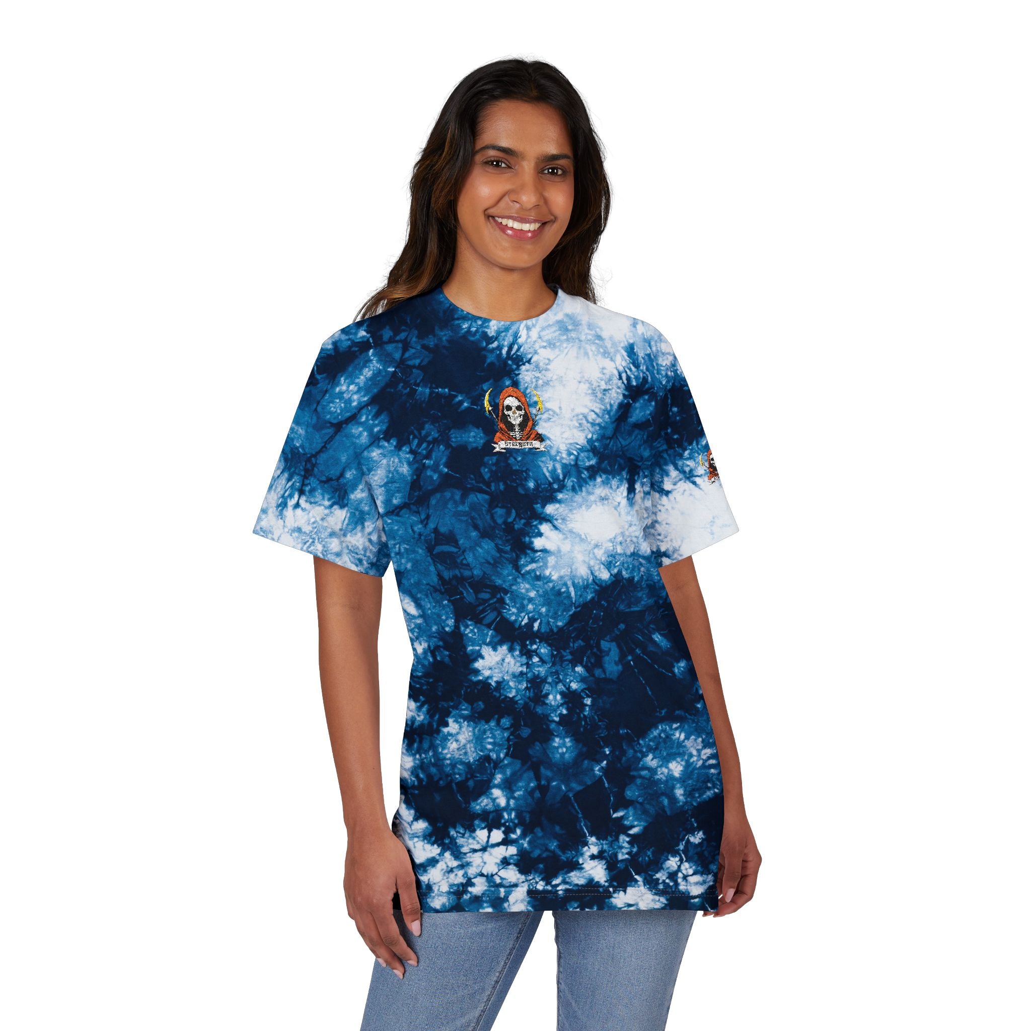 Tie-Dye T-Shirt Embroidered Skull Flame Patch Oversized Grunge Tee