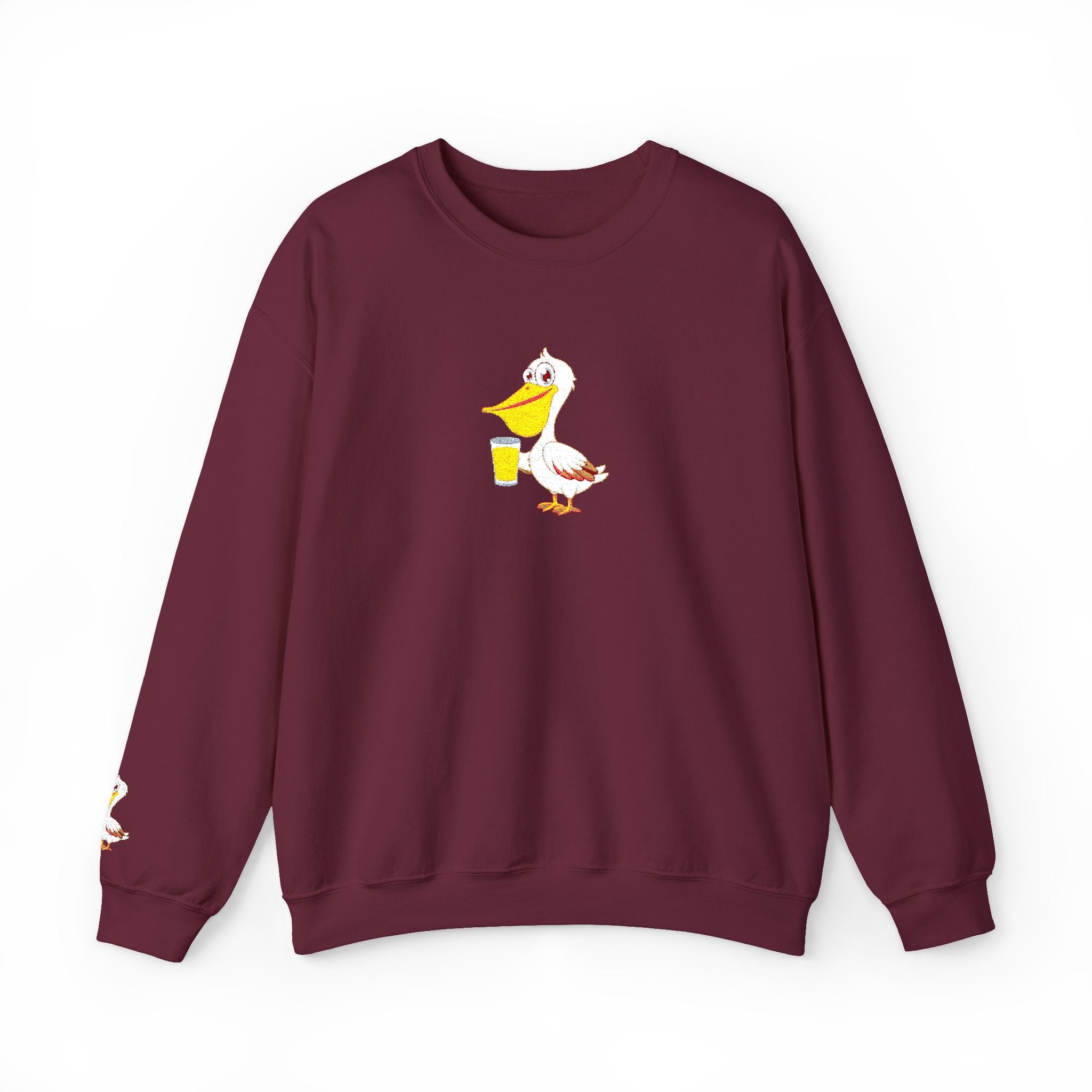 Maroon sweatshirt with a cartoon duck design on a white background