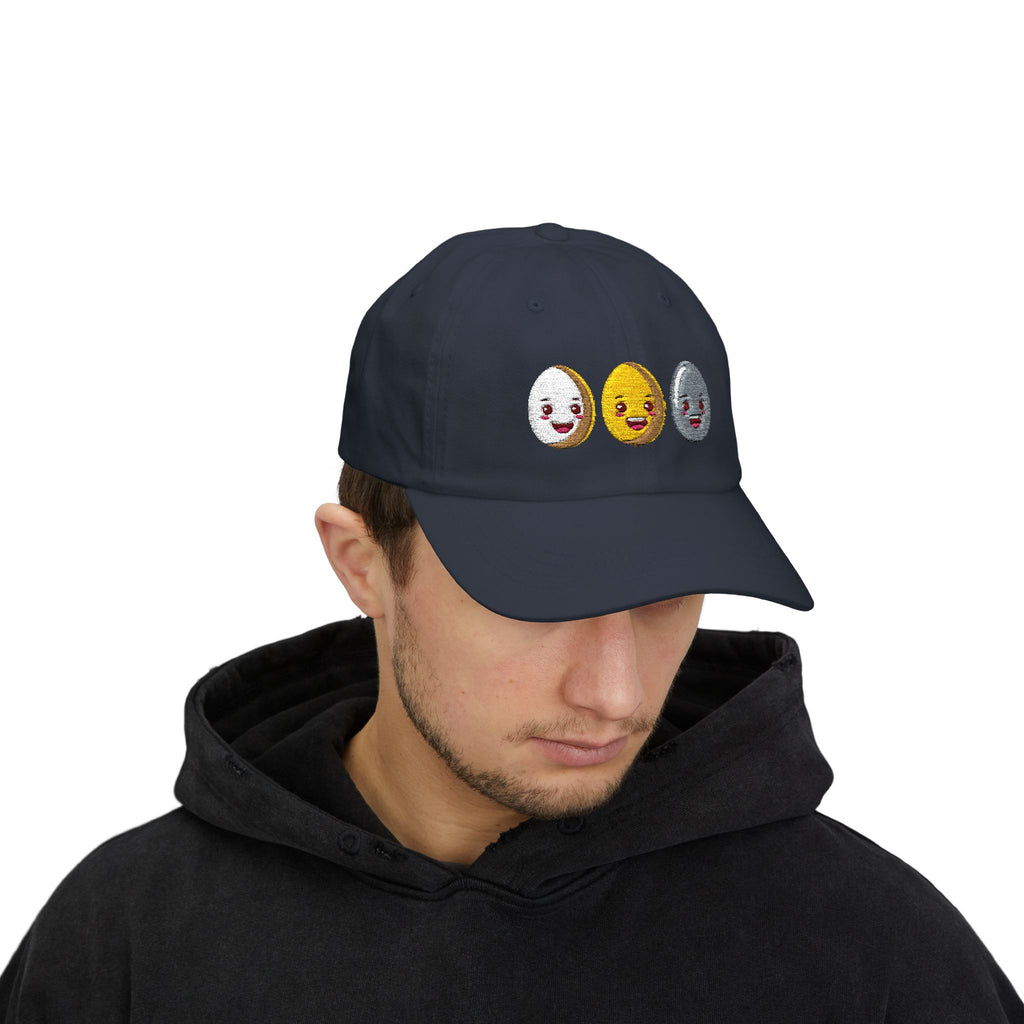 Dad Cap Sequin Egg Trio Embroidered Hat (Cute Breakfast Emoji)