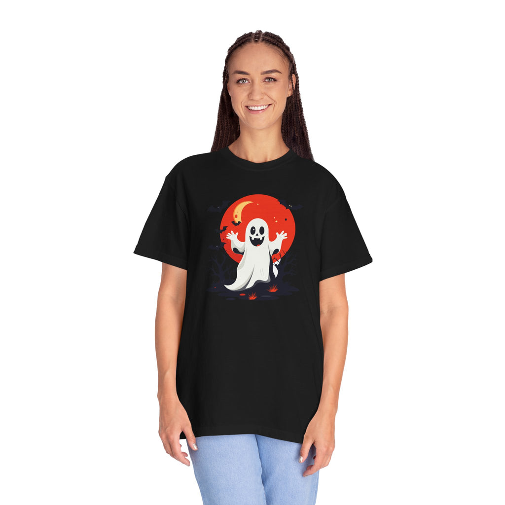 Ghost Halloween T-Shirt Cute Spooky Ghost with Red Moon