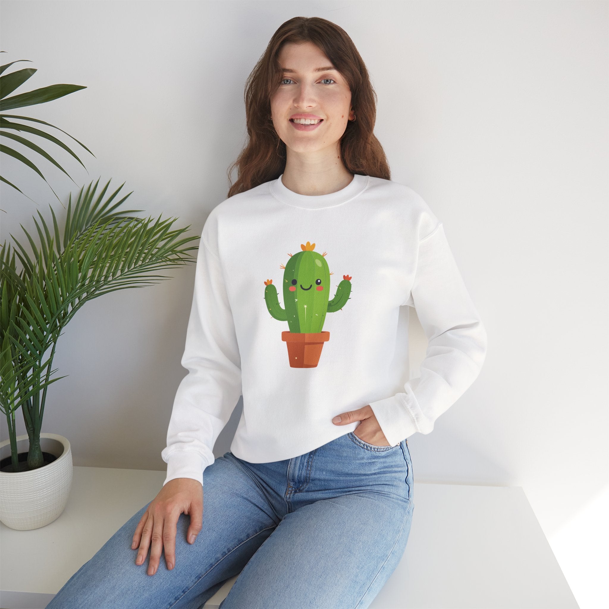 Cute Kawaii Cactus Crewneck Sweatshirt Smiling Potted Cactus Graphic