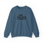 Blue sweatshirt with text 'My Favorite Notification' on a white background