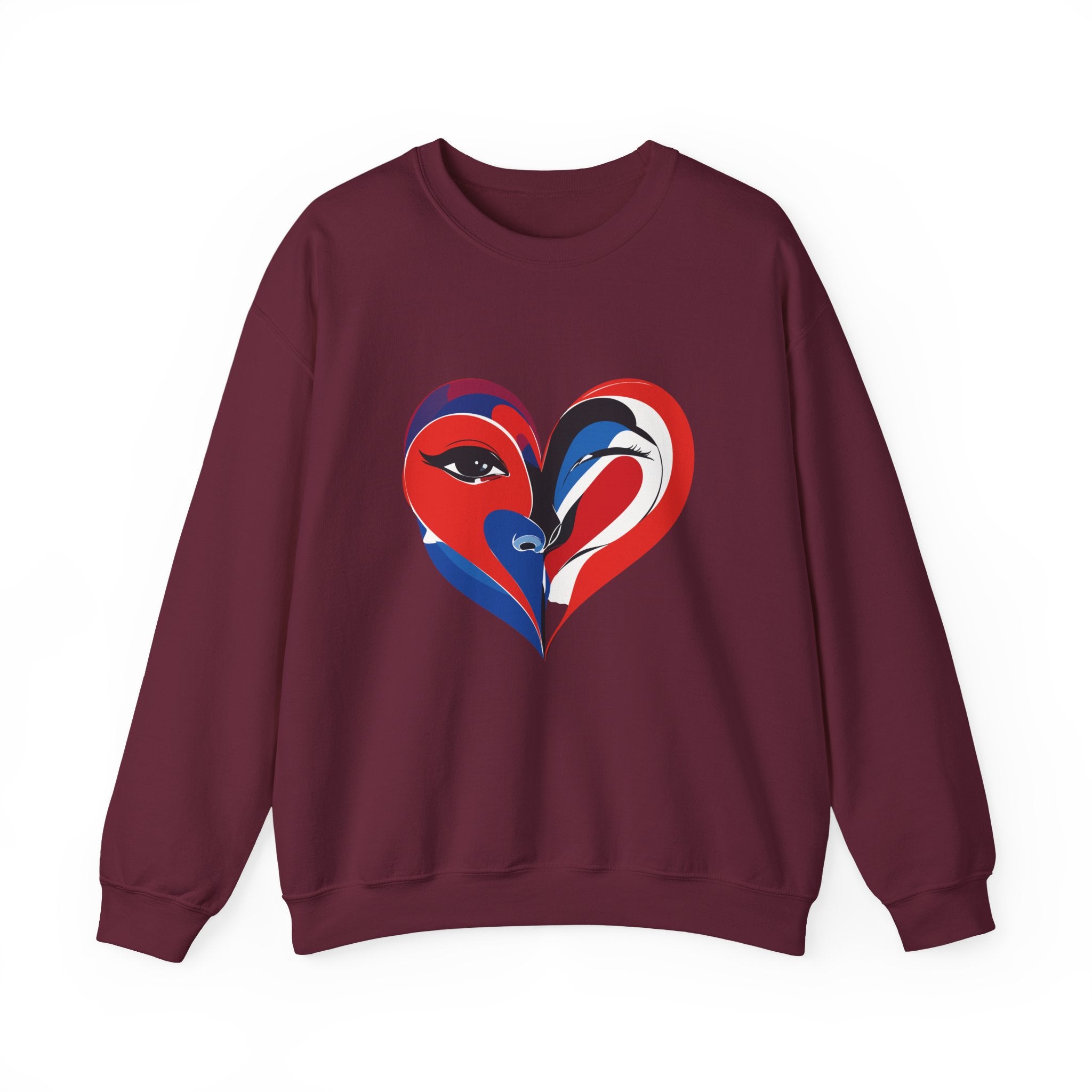 Heart Face Crewneck Sweatshirt Abstract Red & Blue Love Graphic