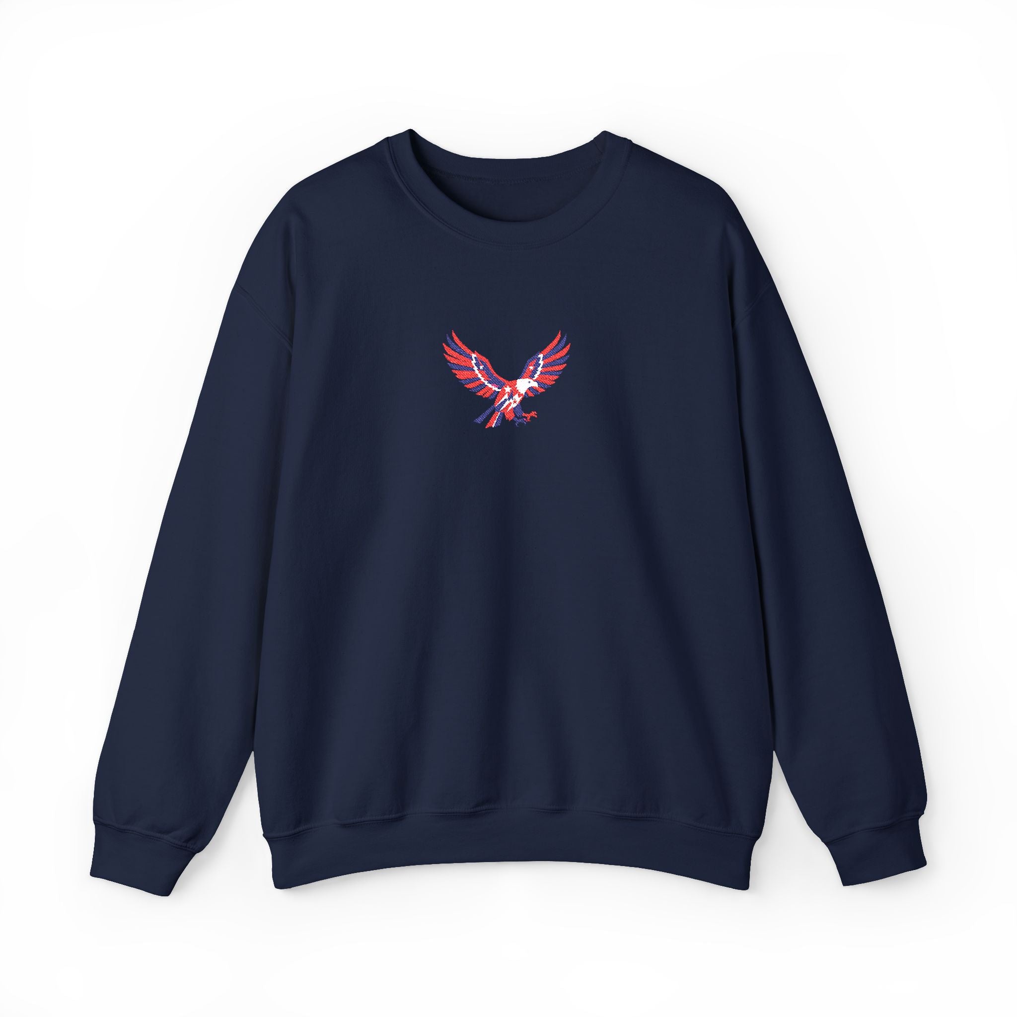 Navy blue sweatshirt with white graphic and text on a white background