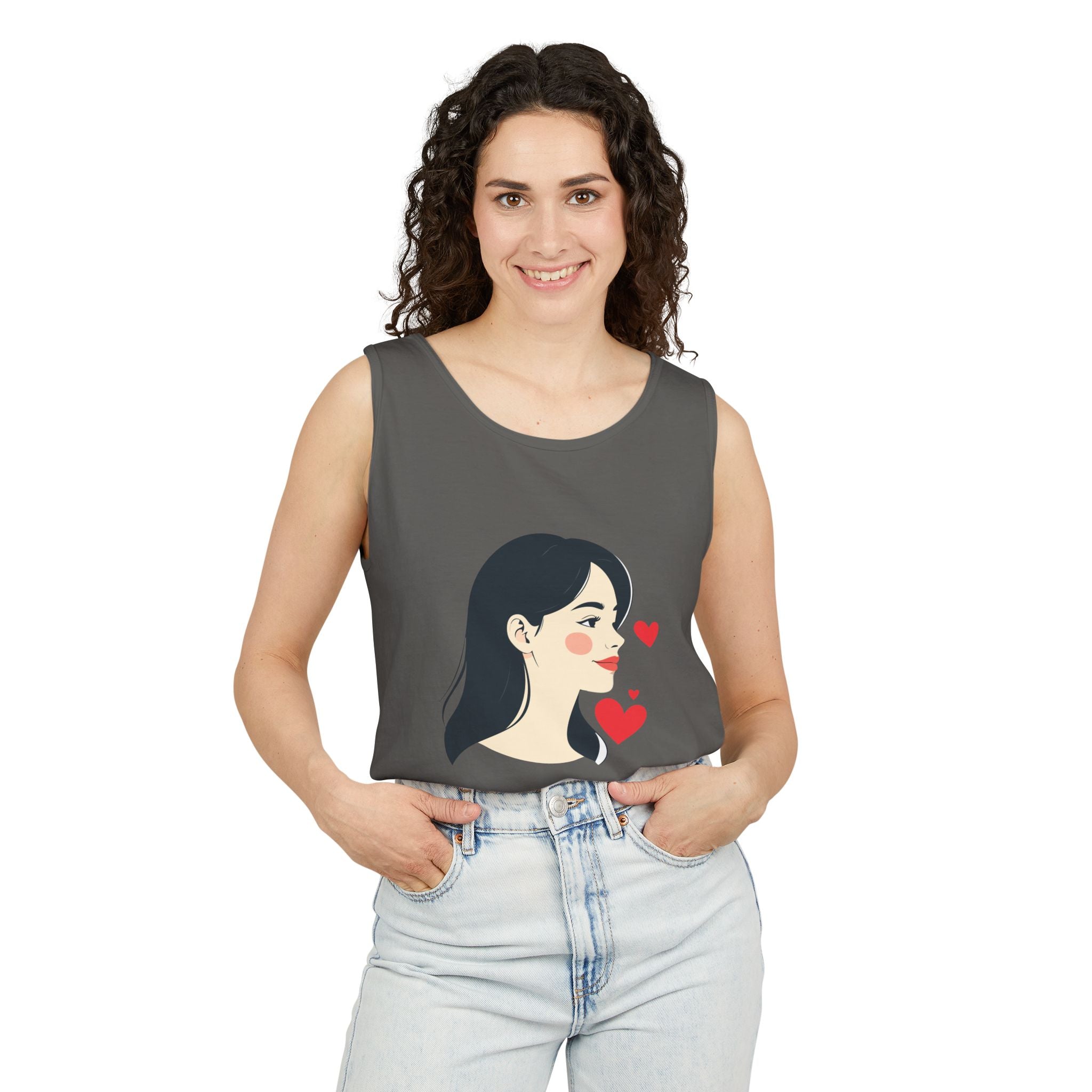 Kawaii Girl Portrait Tank Top Cute Heart Illustration Graphic Tank