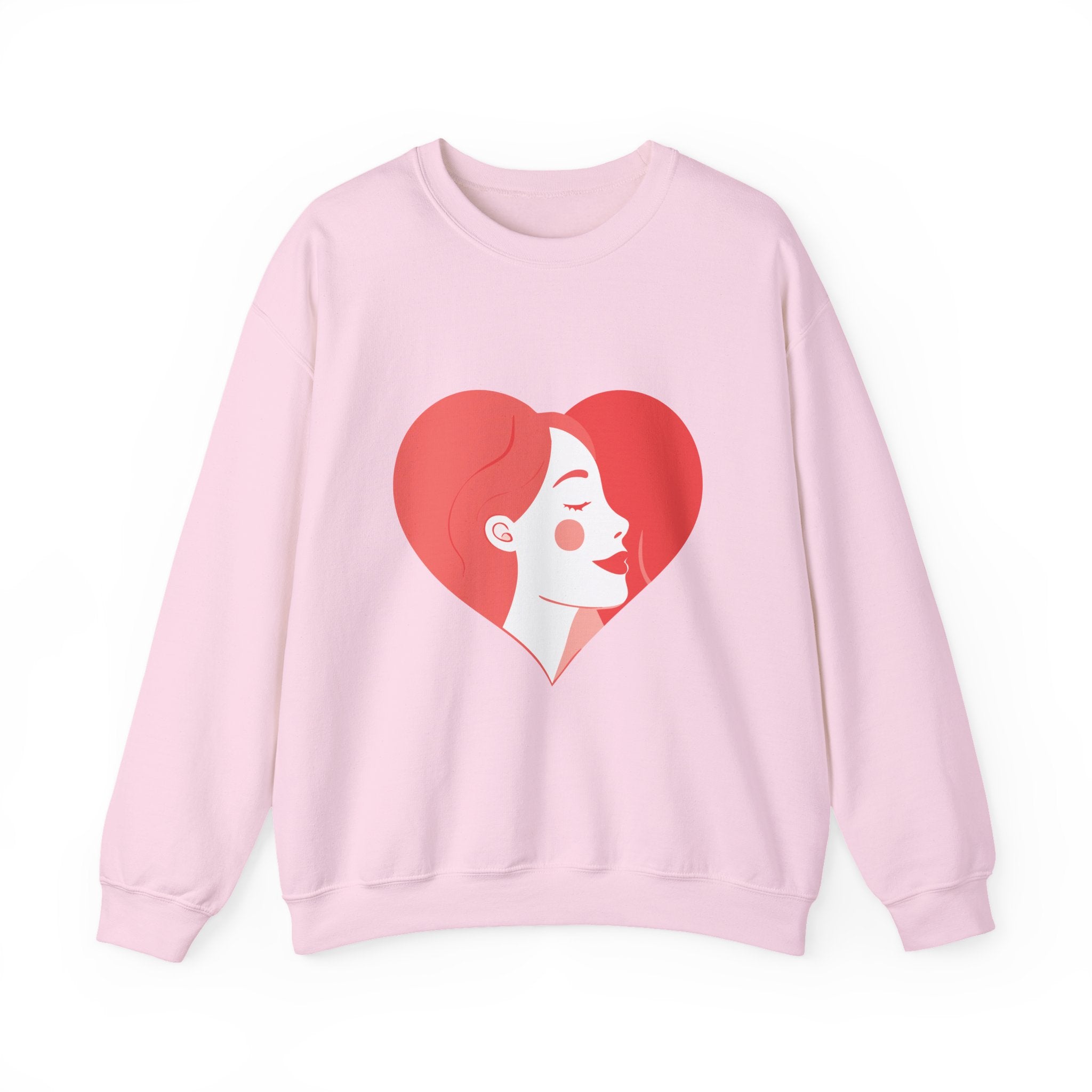 Heart Profile Crewneck Sweatshirt — Minimal Red Heart Portrait Graphic, Women face in Heart