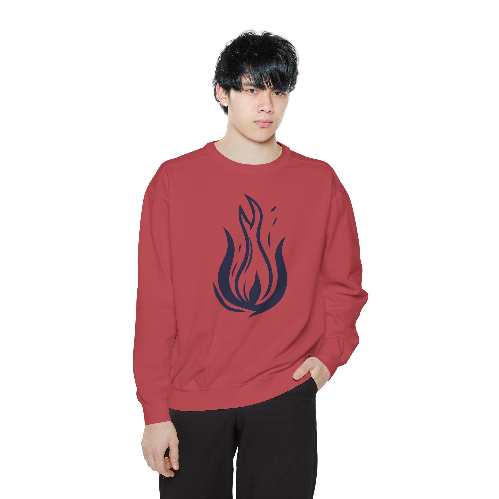 Person wearing a red sweatshirt with a black flame design on a white background