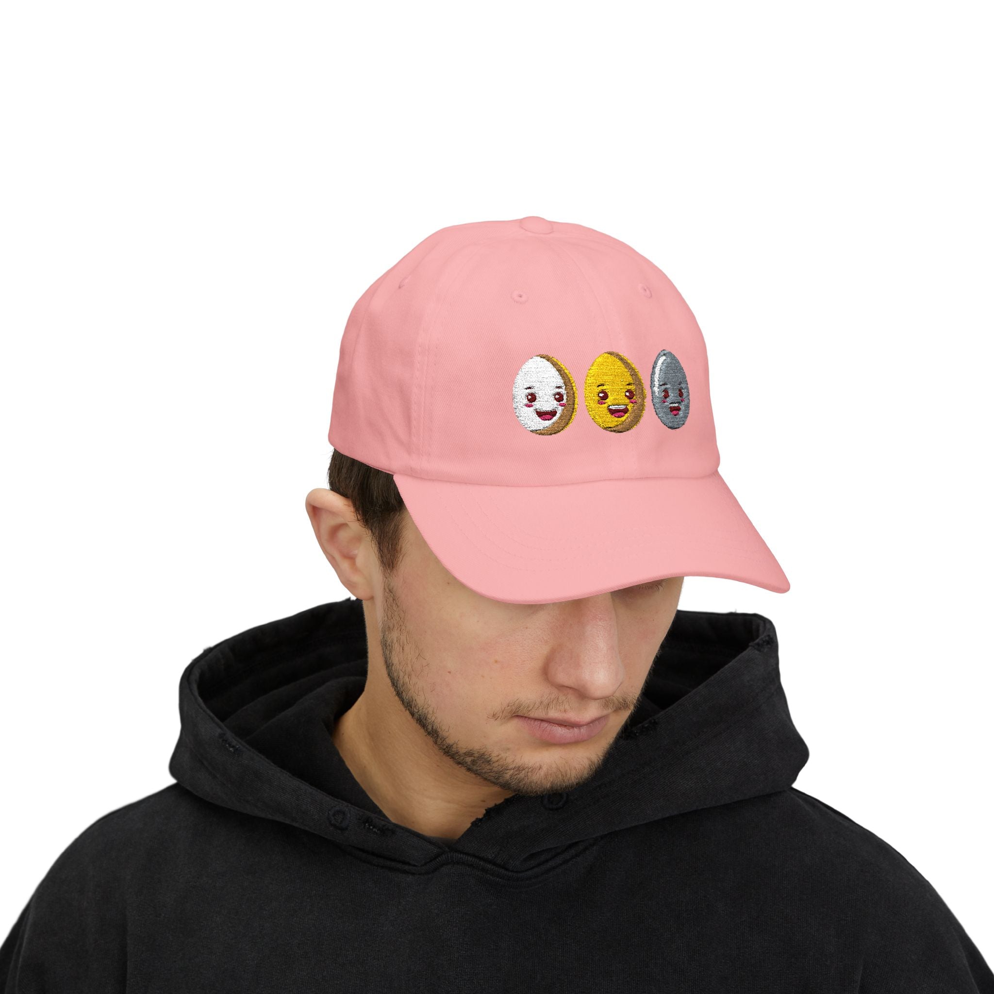 Dad Cap Sequin Egg Trio Embroidered Hat (Cute Breakfast Emoji)