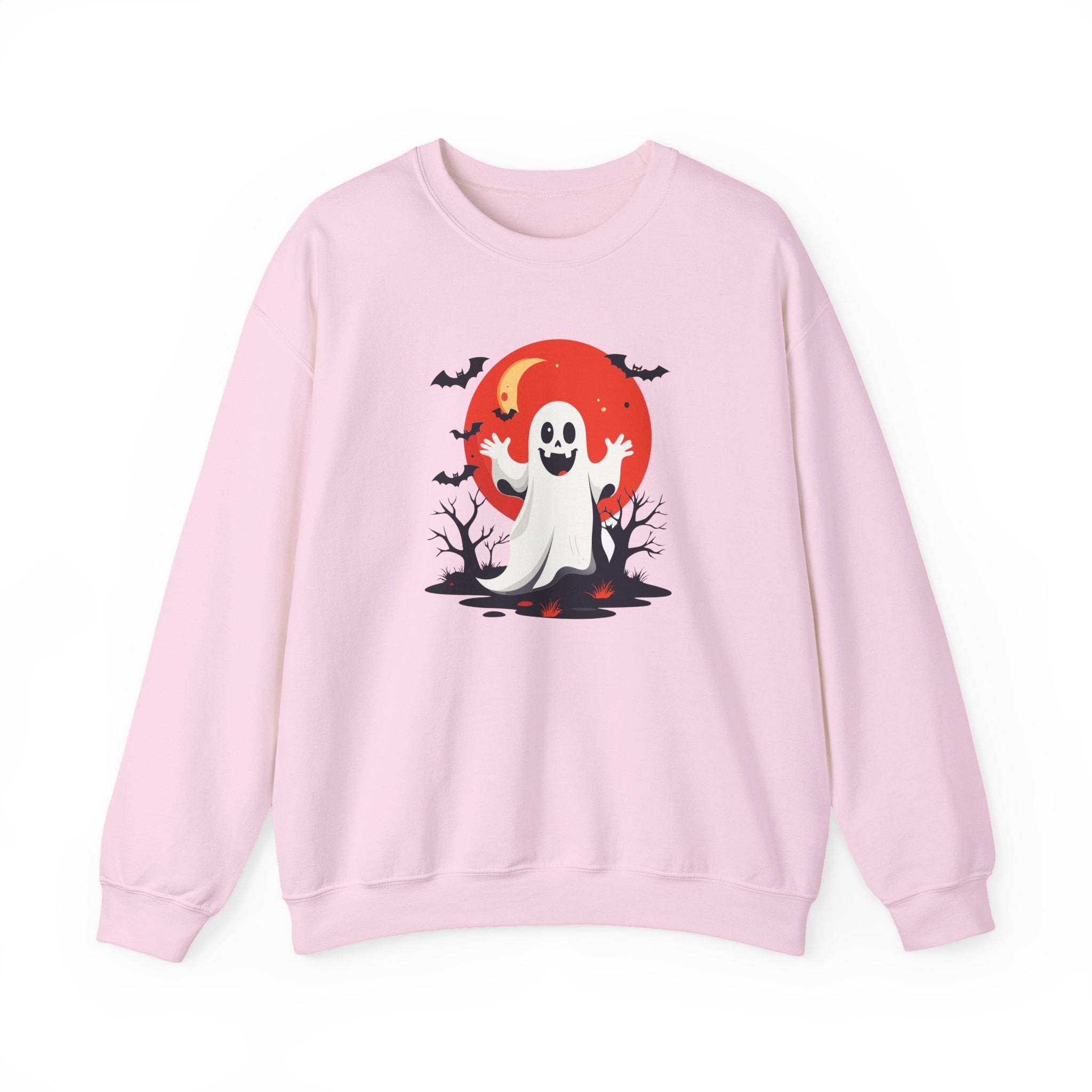 Crewneck Sweatshirt - Cute Ghost & Red Moon Halloween Design