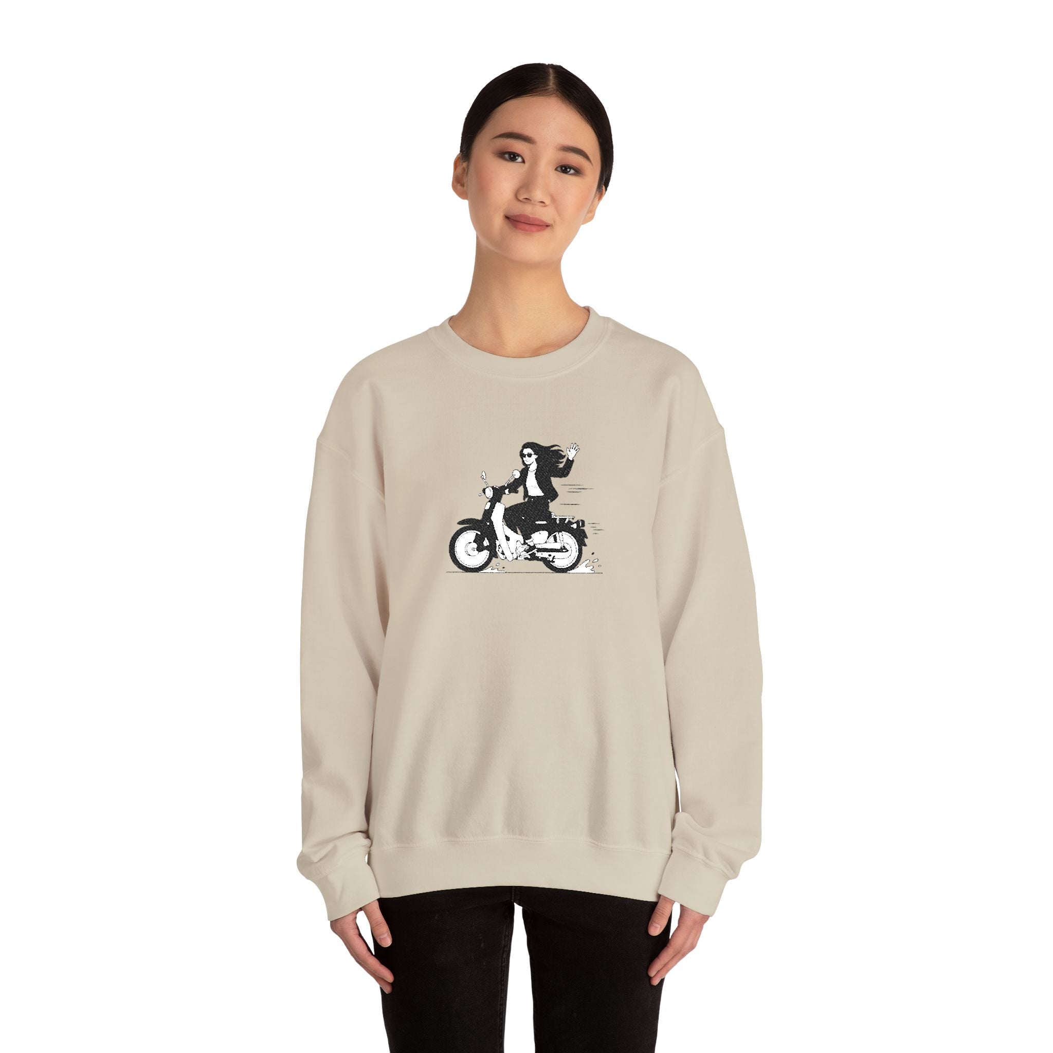 Embroidered Girl Motorcycle Rider Graphic Crewneck Sweatshirt