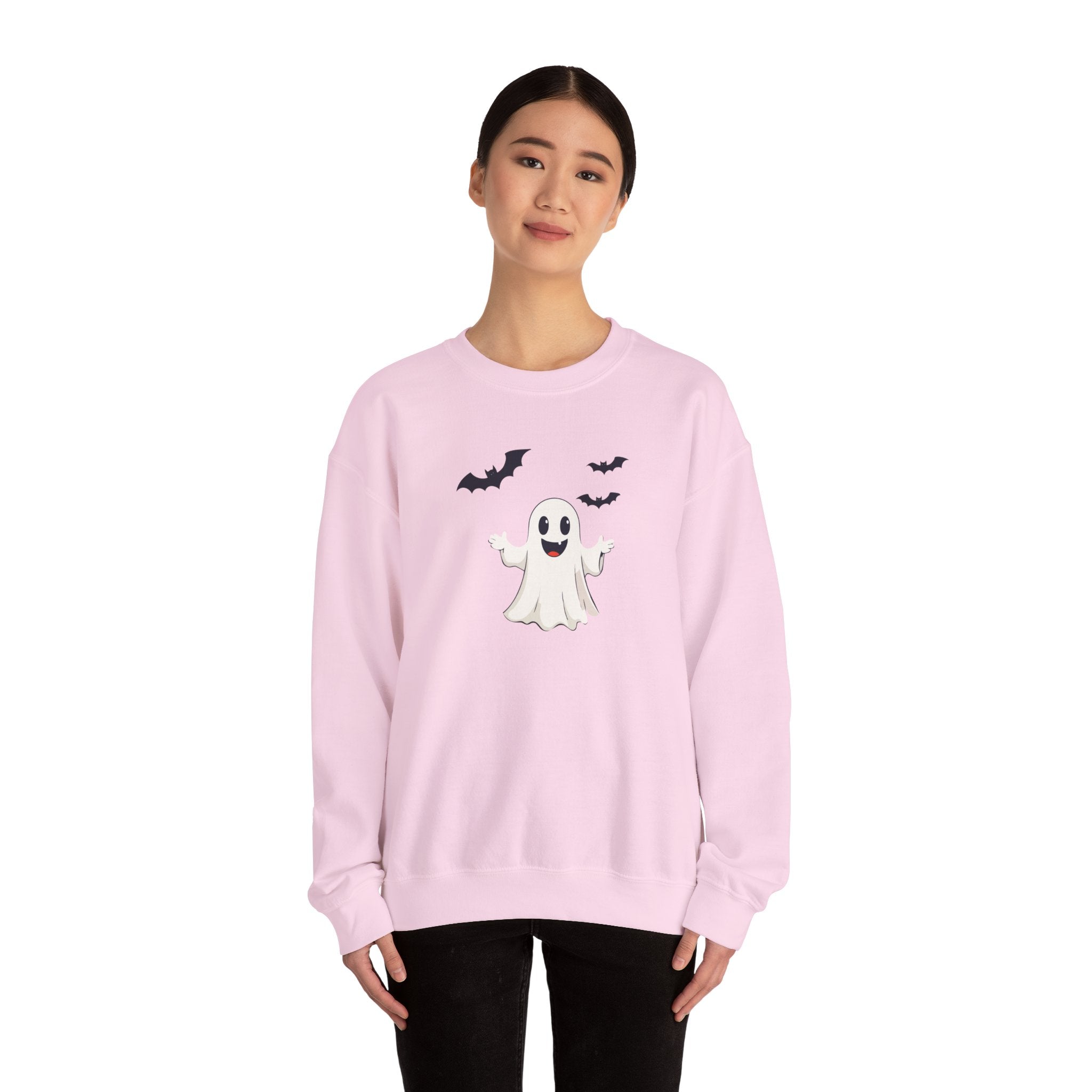 Halloween Ghost Crewneck Sweatshirt Cute Boo Ghost & Bats Cozy Pullover